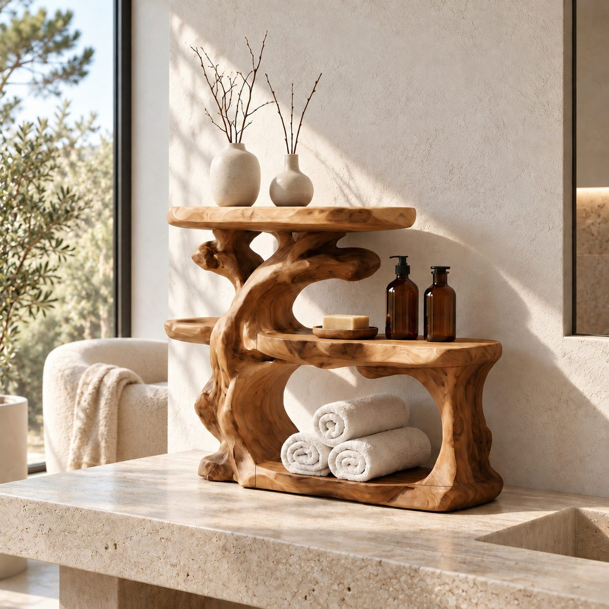 Gnarled Trunk Bathroom Counter Organizer, Three Tier Solid Wood Vanity Shelf with Towel Hollow