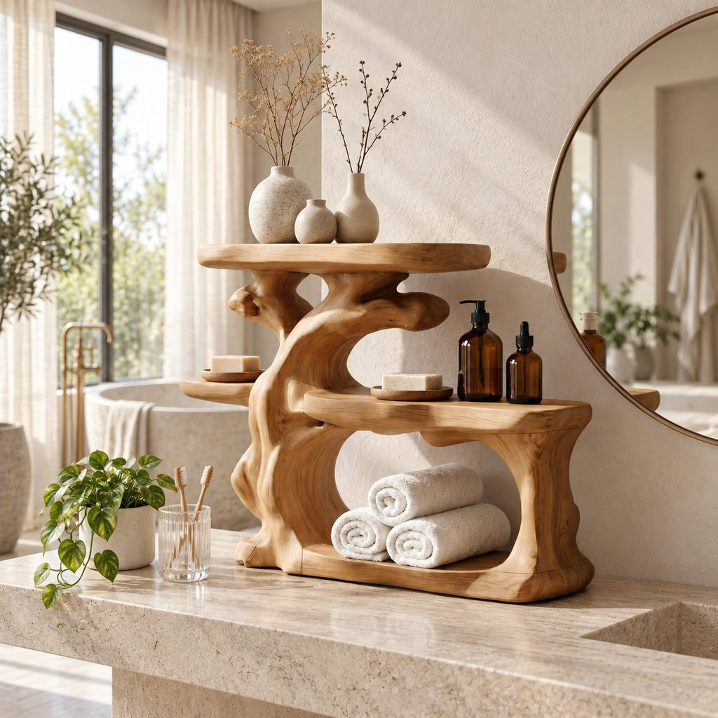 Gnarled Trunk Bathroom Counter Organizer, Three Tier Solid Wood Vanity Shelf with Towel Hollow