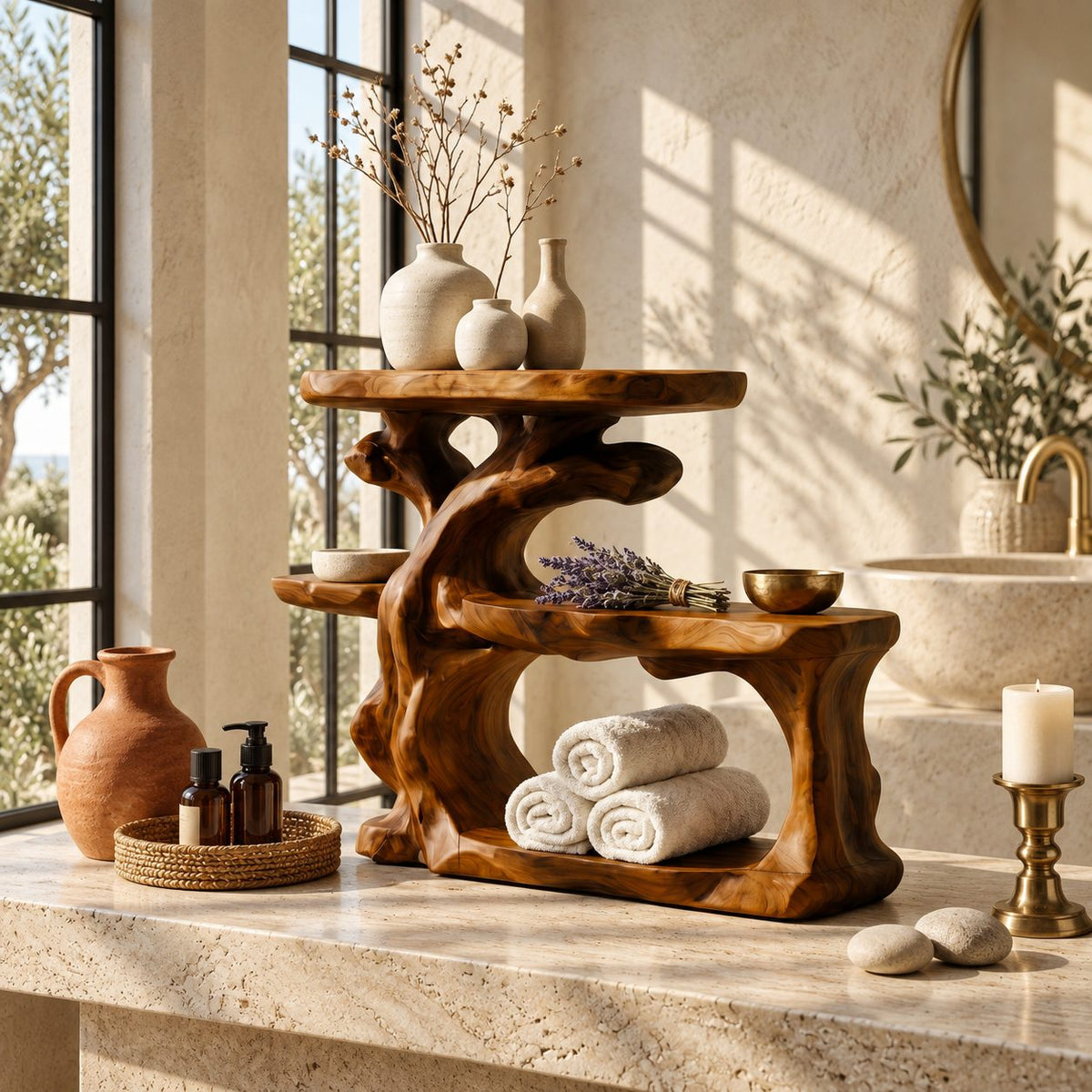 Gnarled Trunk Bathroom Counter Organizer, Three Tier Solid Wood Vanity Shelf with Towel Hollow