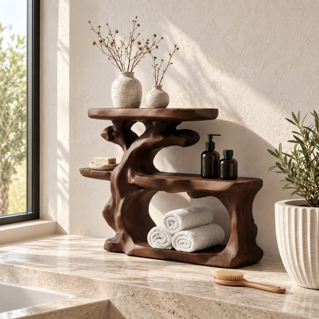Gnarled Trunk Bathroom Counter Organizer, Three Tier Solid Wood Vanity Shelf with Towel Hollow
