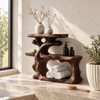 Gnarled Trunk Bathroom Counter Organizer, Three Tier Solid Wood Vanity Shelf with Towel Hollow
