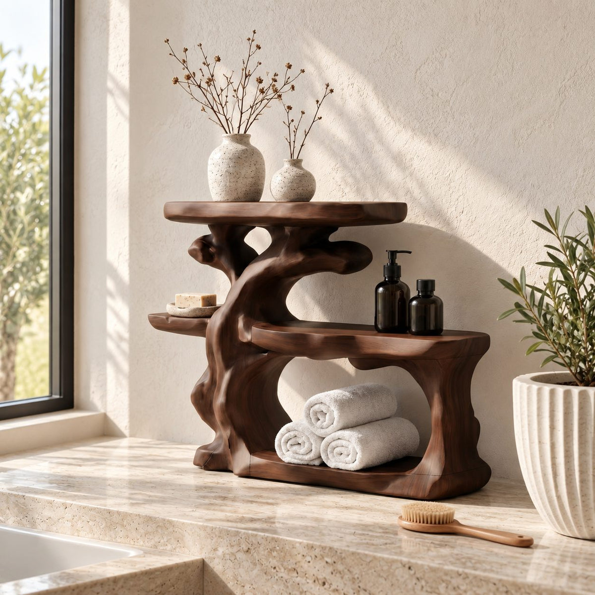 Gnarled Trunk Bathroom Counter Organizer, Three Tier Solid Wood Vanity Shelf with Towel Hollow