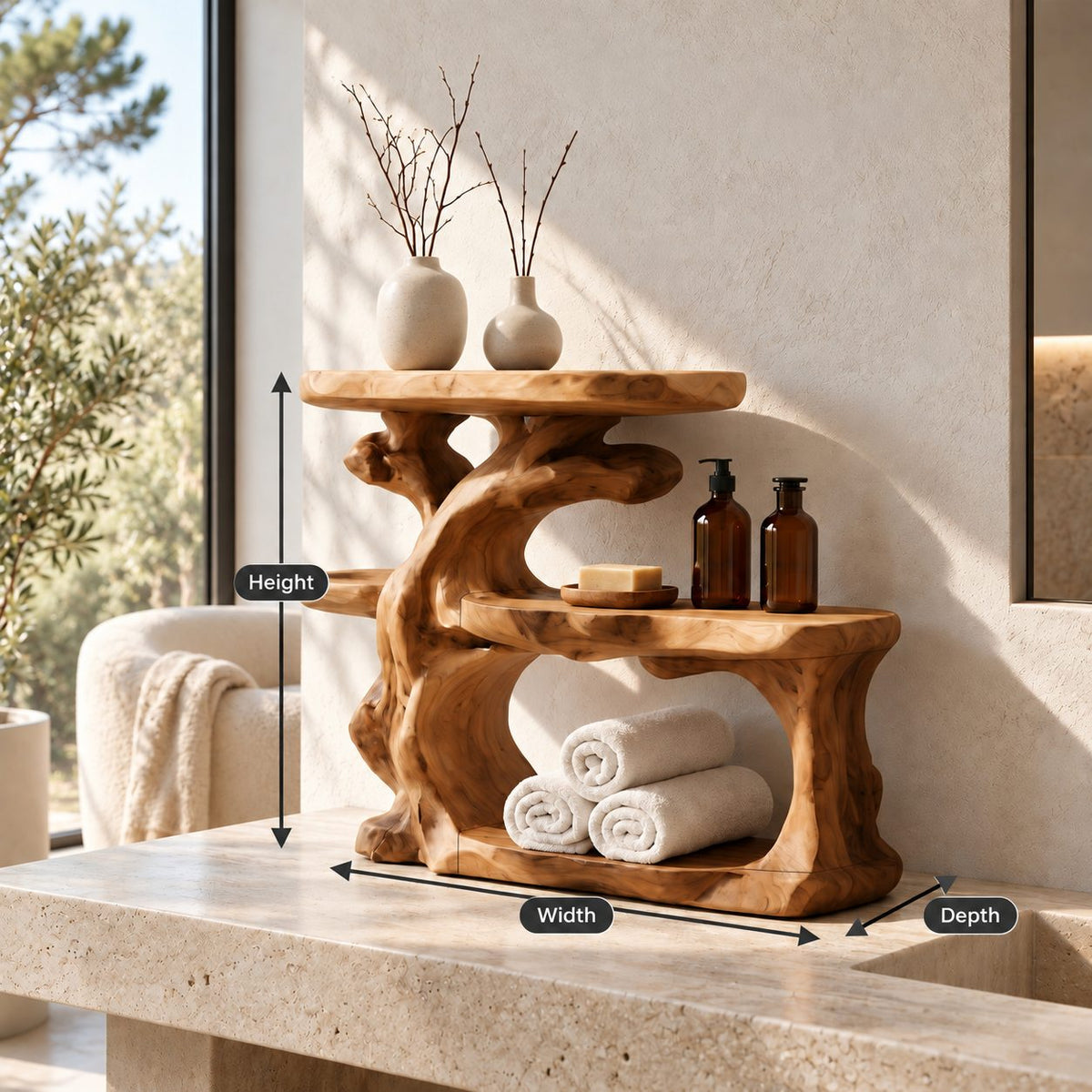 Gnarled Trunk Bathroom Counter Organizer, Three Tier Solid Wood Vanity Shelf with Towel Hollow