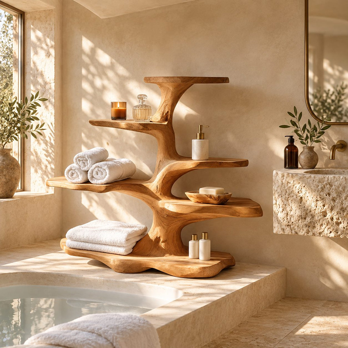 Bonsai Tree Freestanding Bathroom Shelf, Five Level Live Edge Solid Wood Tub Ledge and Counter Shelf