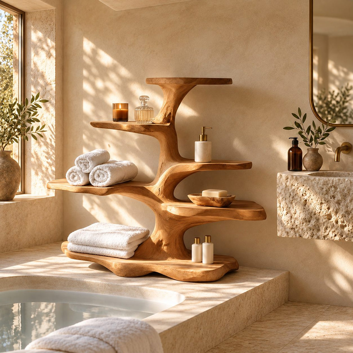 Bonsai Tree Freestanding Bathroom Shelf, Five Level Live Edge Solid Wood Tub Ledge and Counter Shelf