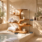 Bonsai Tree Freestanding Bathroom Shelf, Five Level Live Edge Solid Wood Tub Ledge and Counter Shelf