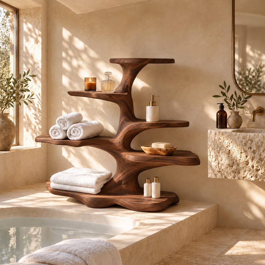 Bonsai Tree Freestanding Bathroom Shelf, Five Level Live Edge Solid Wood Tub Ledge and Counter Shelf