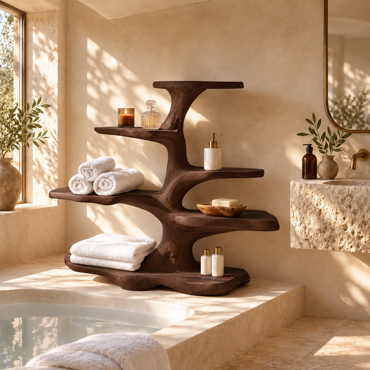 Bonsai Tree Freestanding Bathroom Shelf, Five Level Live Edge Solid Wood Tub Ledge and Counter Shelf