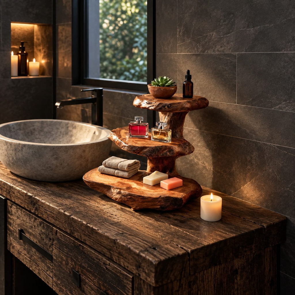 Stacked Slab Bathroom Counter Shelf, Three Tier Live Edge Solid Wood Vanity Riser, 18 Inch Tall