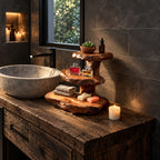 Stacked Slab Bathroom Counter Shelf, Three Tier Live Edge Solid Wood Vanity Riser, 18 Inch Tall