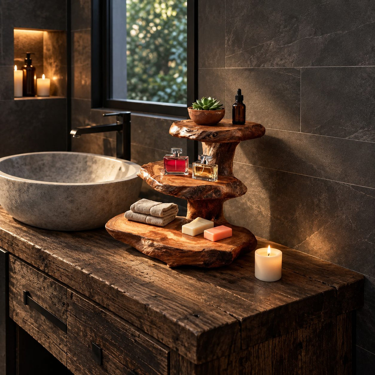 Stacked Slab Bathroom Counter Shelf, Three Tier Live Edge Solid Wood Vanity Riser, 18 Inch Tall