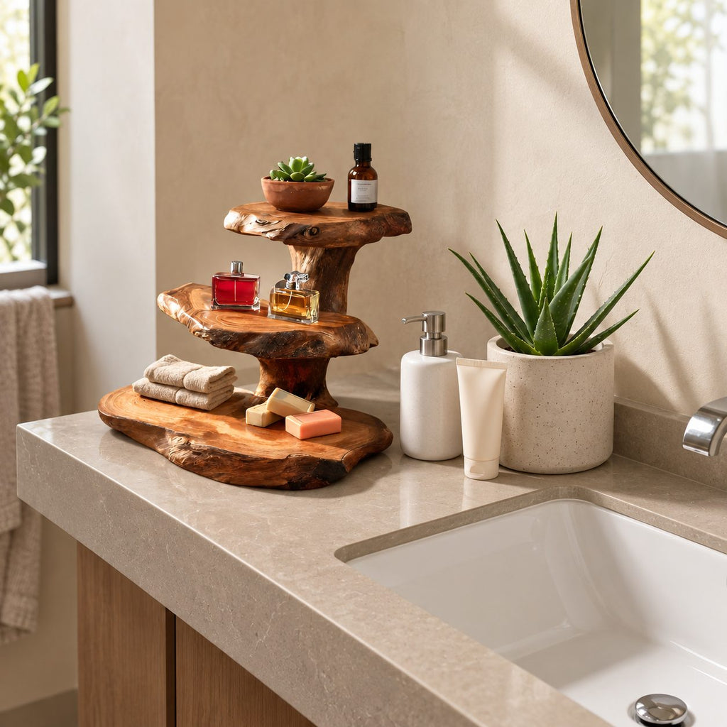Stacked Slab Bathroom Counter Shelf, Three Tier Live Edge Solid Wood Vanity Riser, 18 Inch Tall