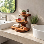 Stacked Slab Bathroom Counter Shelf, Three Tier Live Edge Solid Wood Vanity Riser, 18 Inch Tall