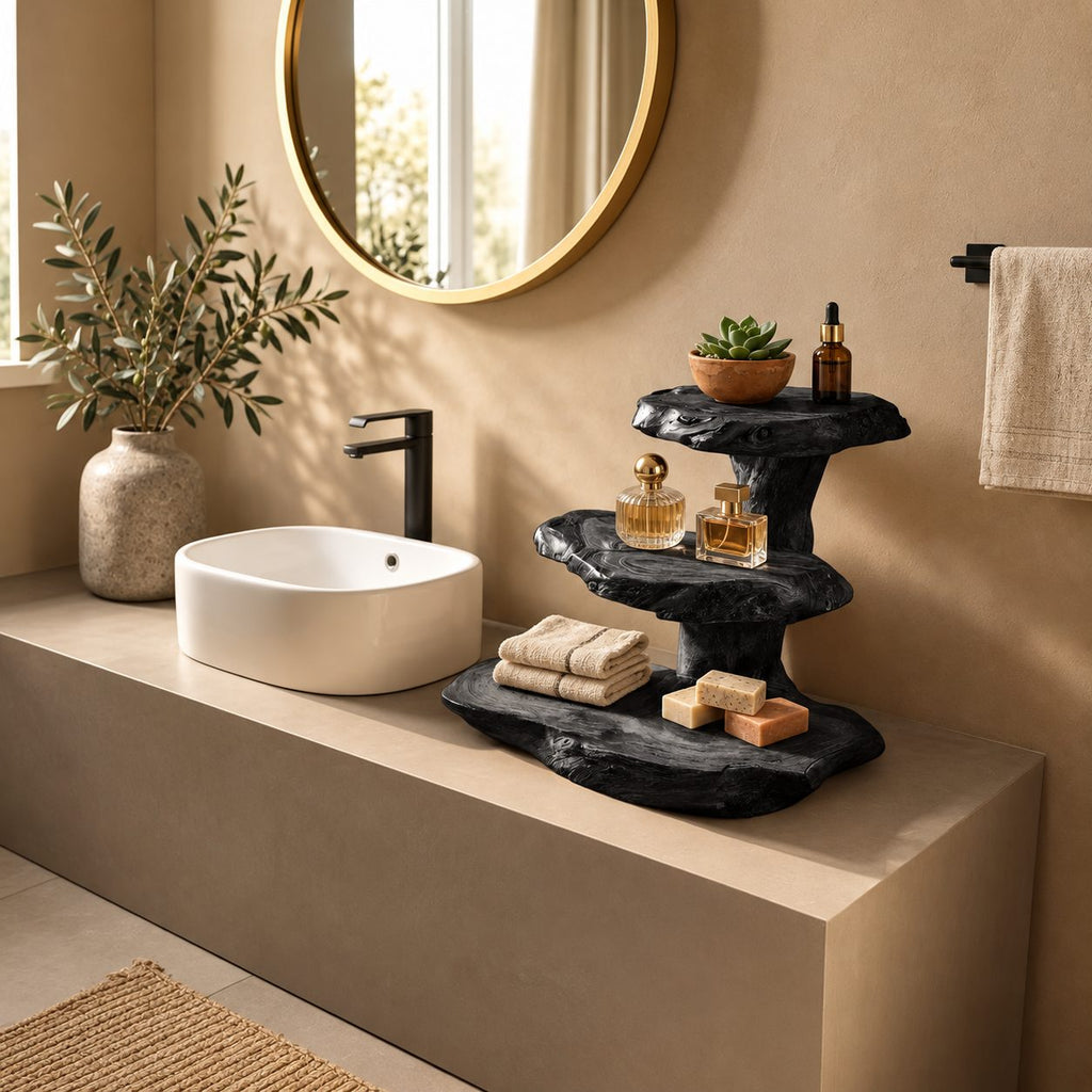 Stacked Slab Bathroom Counter Shelf, Three Tier Live Edge Solid Wood Vanity Riser, 18 Inch Tall