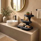 Stacked Slab Bathroom Counter Shelf, Three Tier Live Edge Solid Wood Vanity Riser, 18 Inch Tall