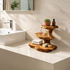 Stacked Slab Bathroom Counter Shelf, Three Tier Live Edge Solid Wood Vanity Riser, 18 Inch Tall