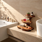Stacked Slab Bathroom Counter Shelf, Three Tier Live Edge Solid Wood Vanity Riser, 18 Inch Tall