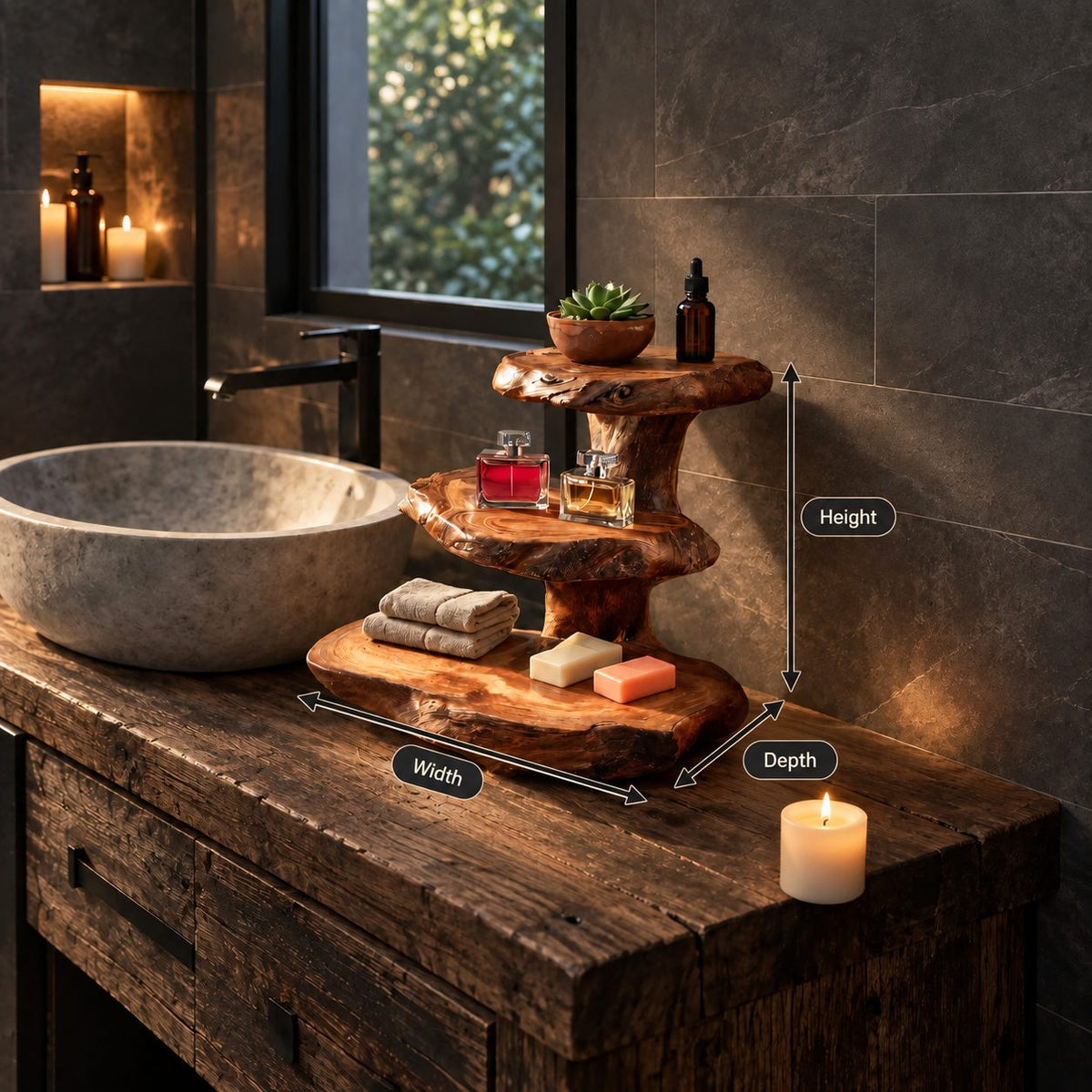 Stacked Slab Bathroom Counter Shelf, Three Tier Live Edge Solid Wood Vanity Riser, 18 Inch Tall