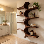 Whale Spine Wall Bathroom Shelf, Carved Curved Solid Wood Wall Unit with Eight Branching Shelves