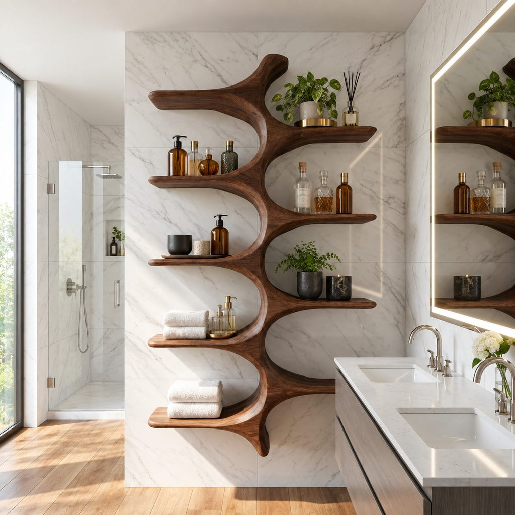 Whale Spine Wall Bathroom Shelf, Carved Curved Solid Wood Wall Unit with Eight Branching Shelves