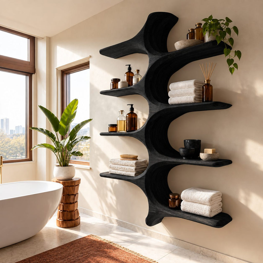 Whale Spine Wall Bathroom Shelf, Carved Curved Solid Wood Wall Unit with Eight Branching Shelves