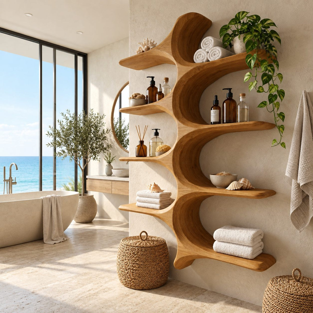 Whale Spine Wall Bathroom Shelf, Carved Curved Solid Wood Wall Unit with Eight Branching Shelves