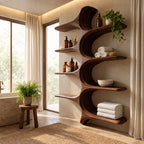 Whale Spine Wall Bathroom Shelf, Carved Curved Solid Wood Wall Unit with Eight Branching Shelves