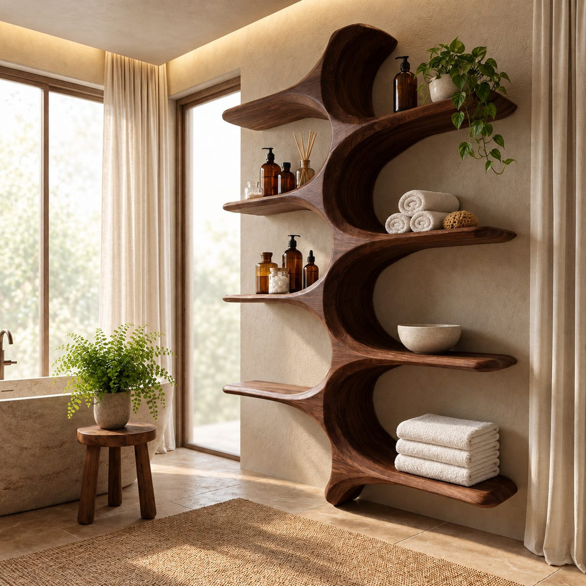 Whale Spine Wall Bathroom Shelf, Carved Curved Solid Wood Wall Unit with Eight Branching Shelves