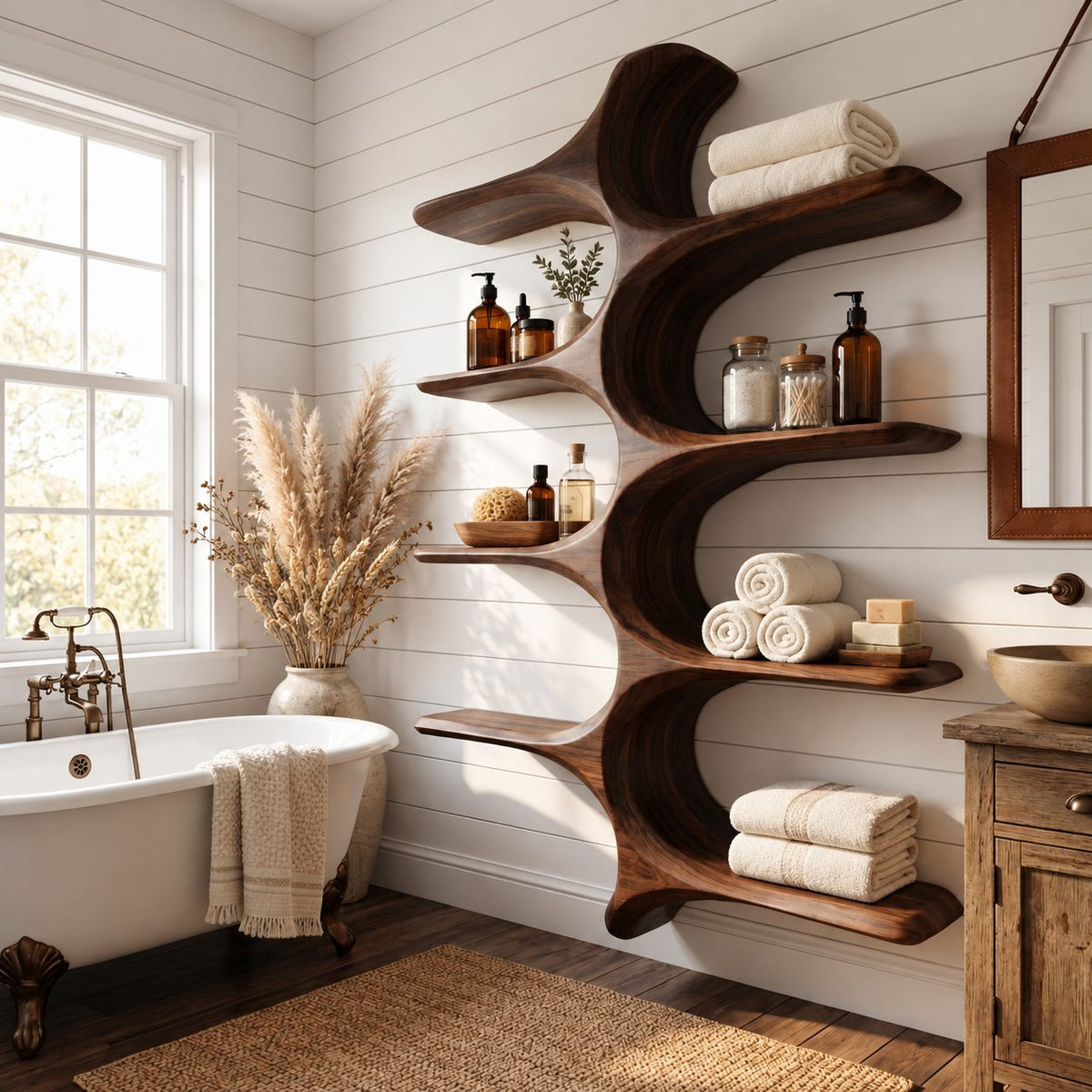 Whale Spine Wall Bathroom Shelf, Carved Curved Solid Wood Wall Unit with Eight Branching Shelves