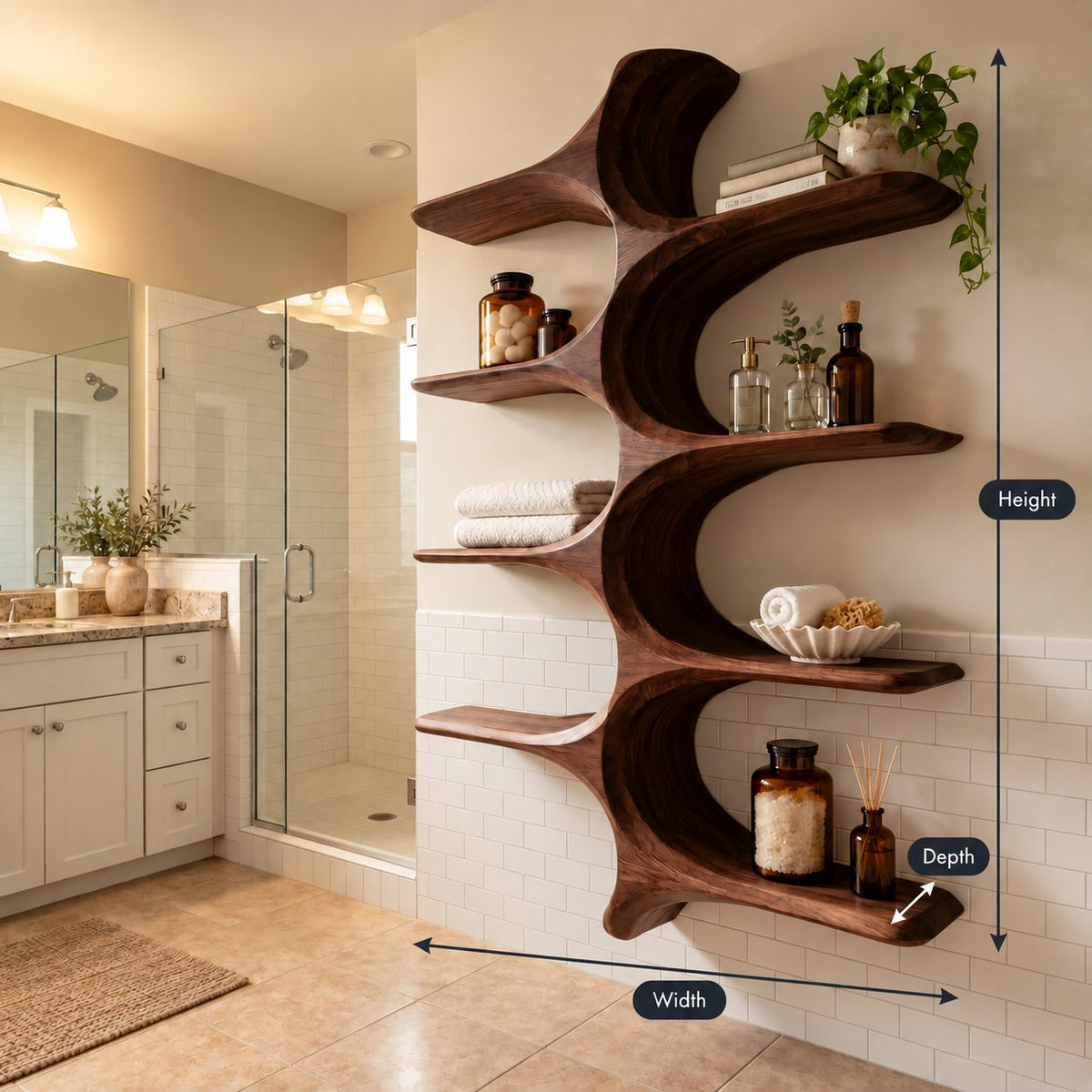 Whale Spine Wall Bathroom Shelf, Carved Curved Solid Wood Wall Unit with Eight Branching Shelves