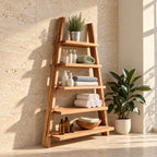 A-Frame Ladder Bathroom Shelf, Five Tier Rough Hewn Solid Wood Leaning Towel Shelf, 60-70 Inch