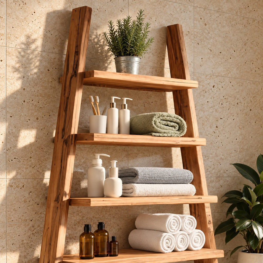 A-Frame Ladder Bathroom Shelf, Five Tier Rough Hewn Solid Wood Leaning Towel Shelf, 60-70 Inch