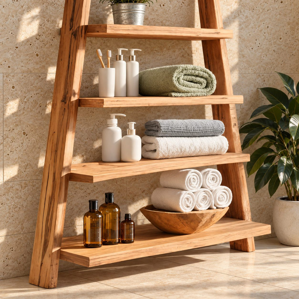 A-Frame Ladder Bathroom Shelf, Five Tier Rough Hewn Solid Wood Leaning Towel Shelf, 60-70 Inch