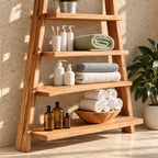 A-Frame Ladder Bathroom Shelf, Five Tier Rough Hewn Solid Wood Leaning Towel Shelf, 60-70 Inch