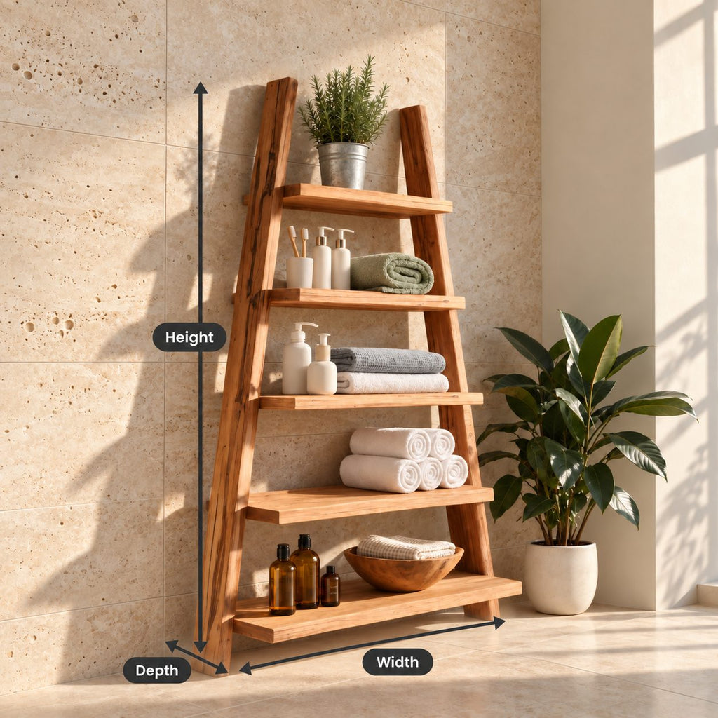 A-Frame Ladder Bathroom Shelf, Five Tier Rough Hewn Solid Wood Leaning Towel Shelf, 60-70 Inch