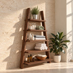 A-Frame Ladder Bathroom Shelf, Five Tier Rough Hewn Solid Wood Leaning Towel Shelf, 60-70 Inch