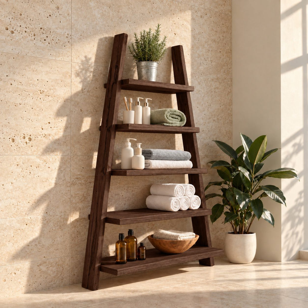 A-Frame Ladder Bathroom Shelf, Five Tier Rough Hewn Solid Wood Leaning Towel Shelf, 60-70 Inch