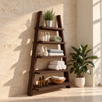 A-Frame Ladder Bathroom Shelf, Five Tier Rough Hewn Solid Wood Leaning Towel Shelf, 60-70 Inch