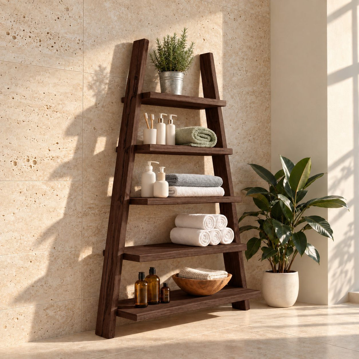 A-Frame Ladder Bathroom Shelf, Five Tier Rough Hewn Solid Wood Leaning Towel Shelf, 60-70 Inch