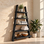 A-Frame Ladder Bathroom Shelf, Five Tier Rough Hewn Solid Wood Leaning Towel Shelf, 60-70 Inch