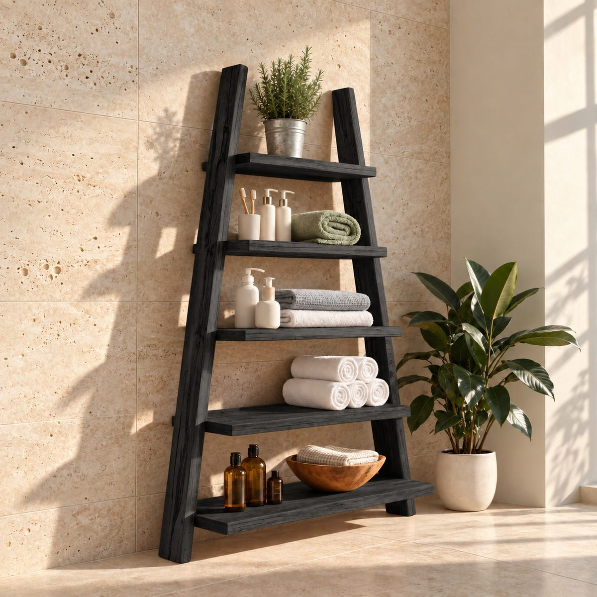 A-Frame Ladder Bathroom Shelf, Five Tier Rough Hewn Solid Wood Leaning Towel Shelf, 60-70 Inch