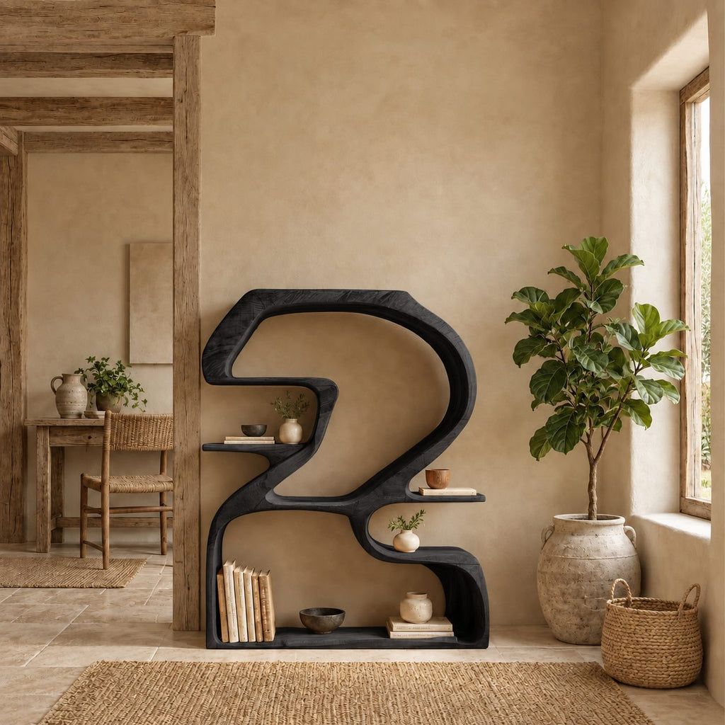 Sculptural Bookshelf Shaped Like a Number 2, Curved Solid Wood Statement Shelf for Living Room