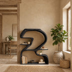 Sculptural Bookshelf Shaped Like a Number 2, Curved Solid Wood Statement Shelf for Living Room