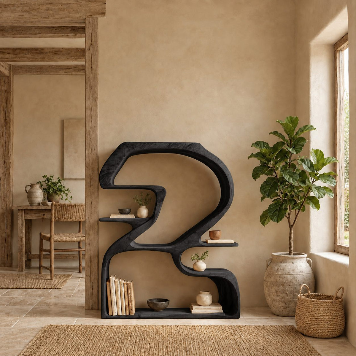 Sculptural Bookshelf Shaped Like a Number 2, Curved Solid Wood Statement Shelf for Living Room