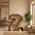 Sculptural Bookshelf Shaped Like a Number 2, Curved Solid Wood Statement Shelf for Living Room