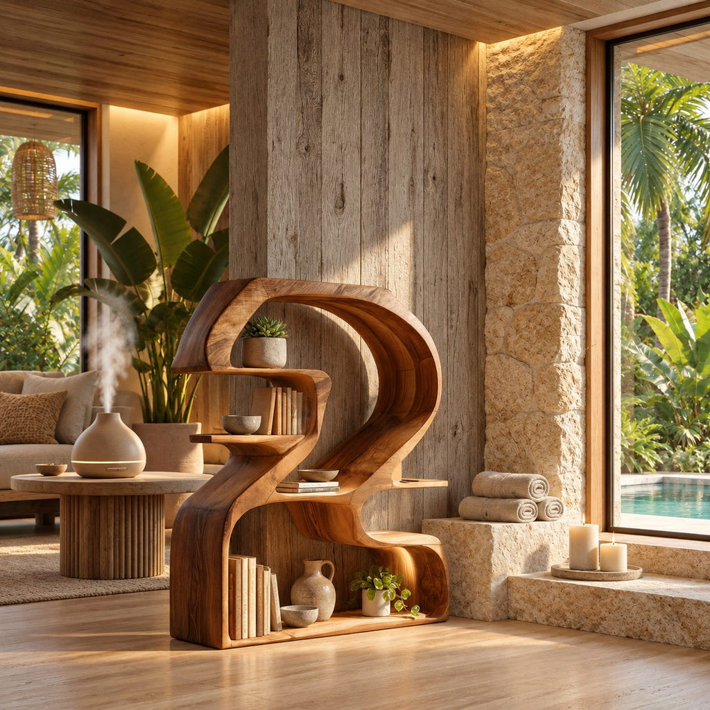 Sculptural Bookshelf Shaped Like a Number 2, Curved Solid Wood Statement Shelf for Living Room