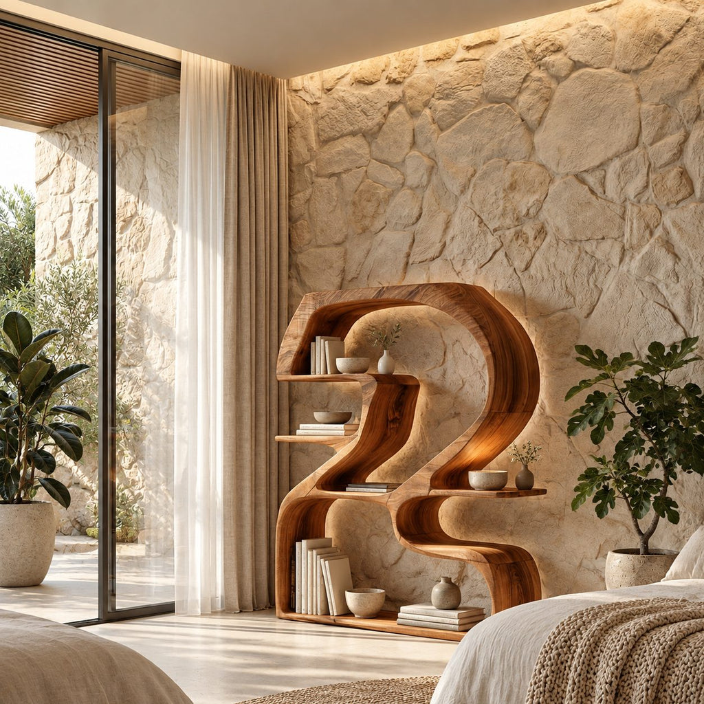 Sculptural Bookshelf Shaped Like a Number 2, Curved Solid Wood Statement Shelf for Living Room
