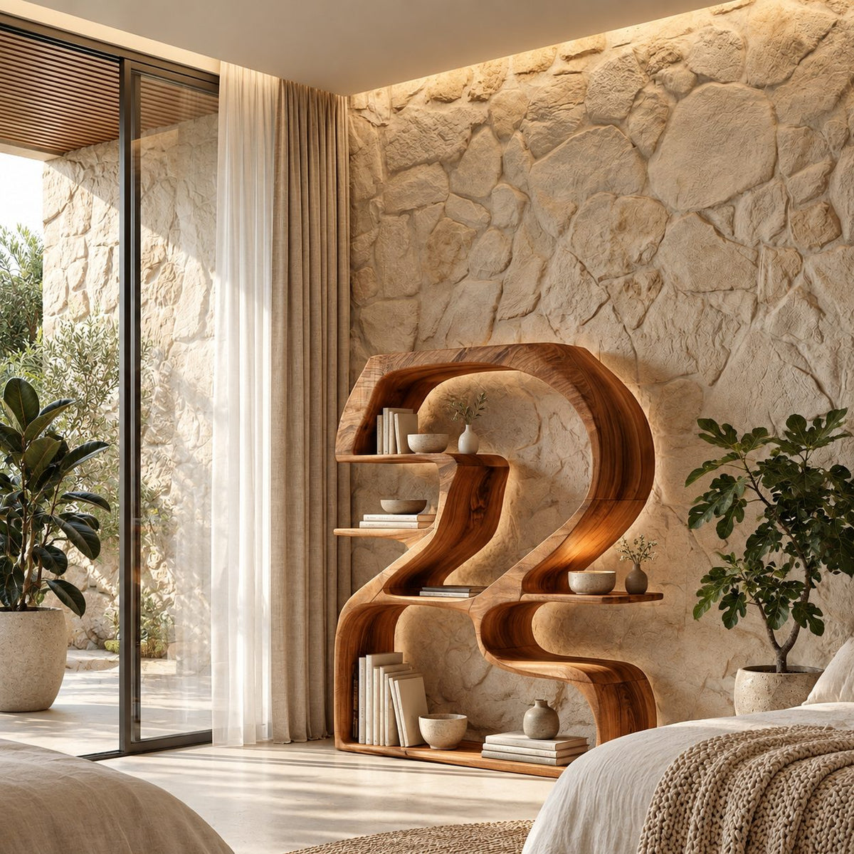 Sculptural Bookshelf Shaped Like a Number 2, Curved Solid Wood Statement Shelf for Living Room