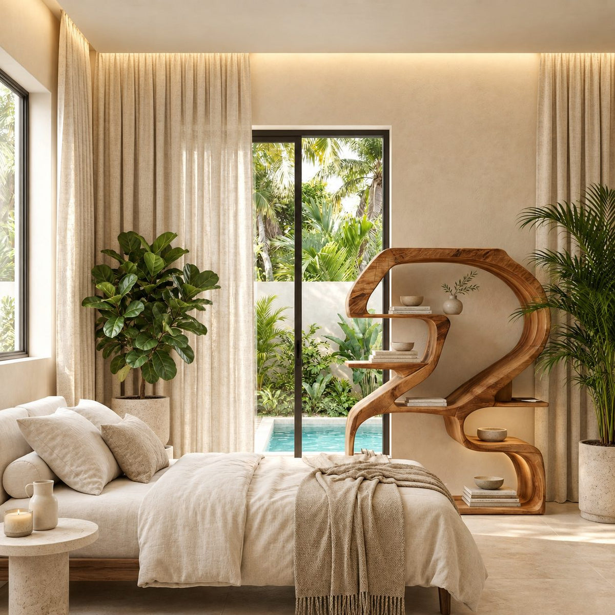 Sculptural Bookshelf Shaped Like a Number 2, Curved Solid Wood Statement Shelf for Living Room