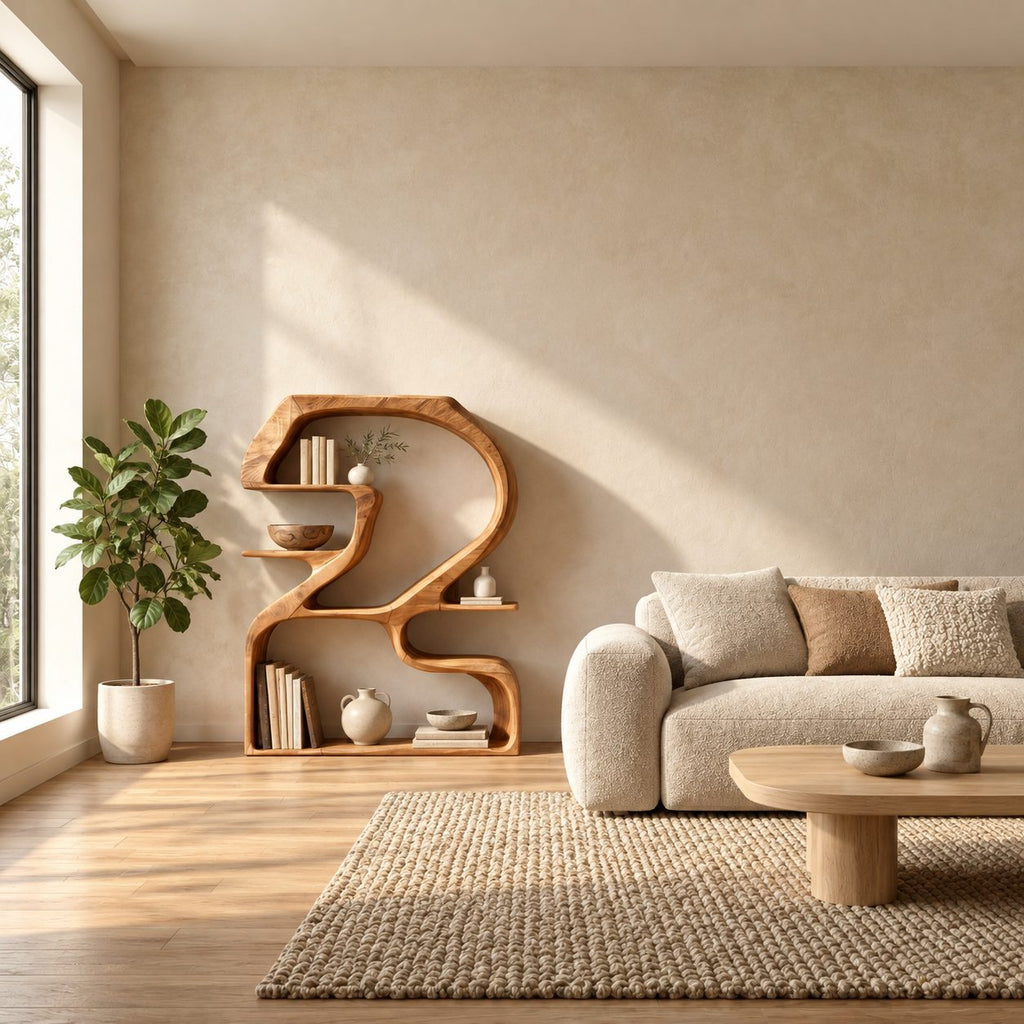 Sculptural Bookshelf Shaped Like a Number 2, Curved Solid Wood Statement Shelf for Living Room
